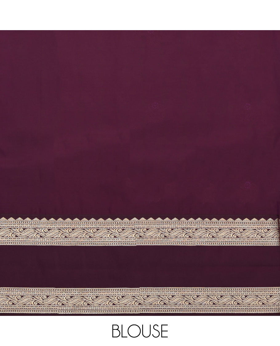 Rust Budget Silk Saree, Bedecked with Zari Buttas, Complemented by a Contrast Traditional Zari Rettai Pettu Border, Pallu of Jaal Designs, and a Contrast Blouse