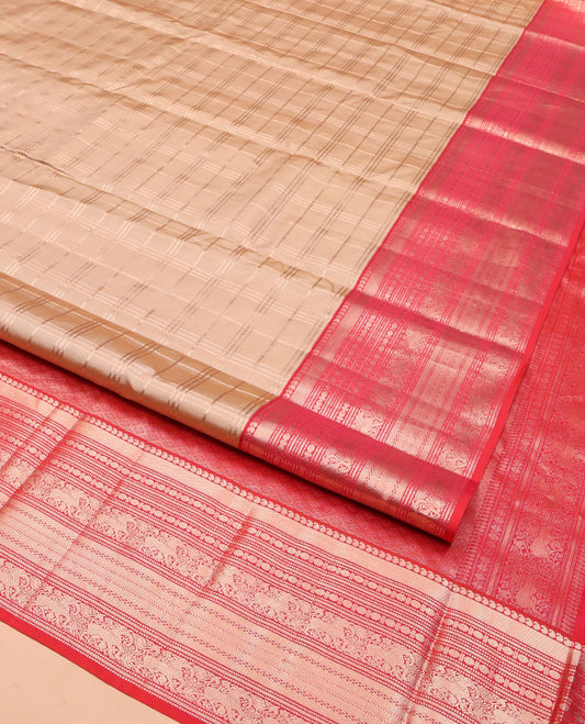 Sandal Vasundhara Silk Saree, Prettified with Zari Checked Design All Over Its Body, Complemented by a Contrast Border of Manga, Muthu, Rudraksham, and Yaali Designs, Grand Jaal Pallu, and Paired with a Contrast Blouse