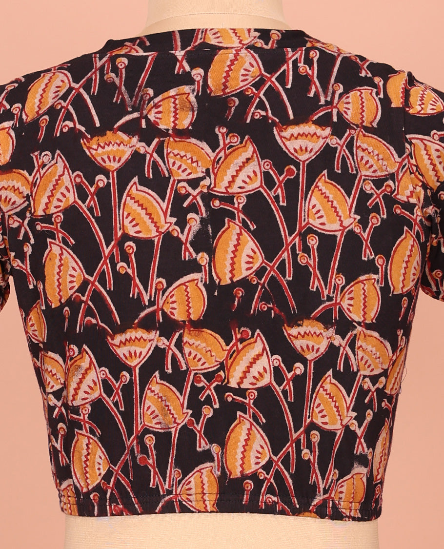 Black Cotton Readymade Blouse Artfully Detailed with All-Over Floral Motifs Print, Front V-Neck, Back Closed Neck, and Elbow Sleeves