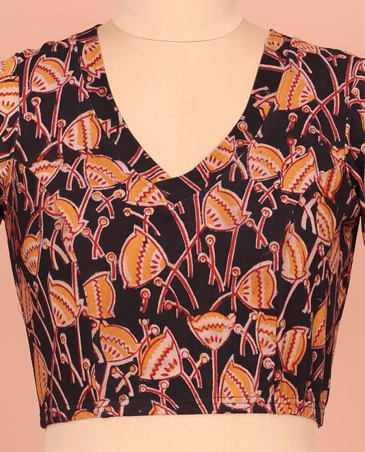 Black Cotton Readymade Blouse Artfully Detailed with All-Over Floral Motifs Print, Front V-Neck, Back Closed Neck, and Elbow Sleeves