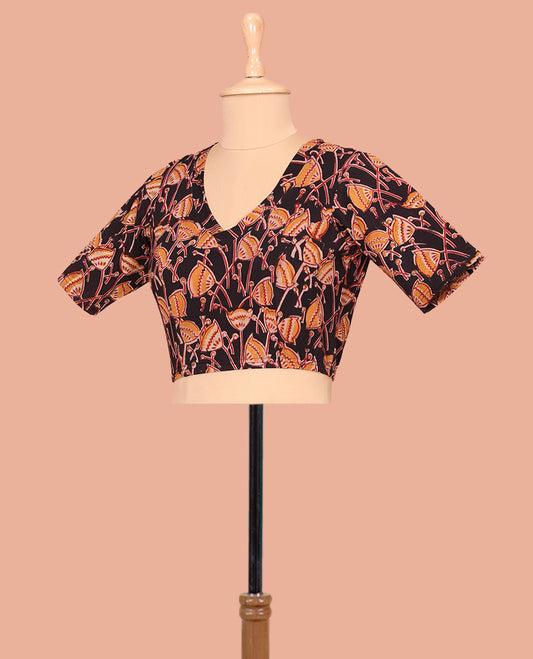 Black Cotton Readymade Blouse Artfully Detailed with All-Over Floral Motifs Print, Front V-Neck, Back Closed Neck, and Elbow Sleeves