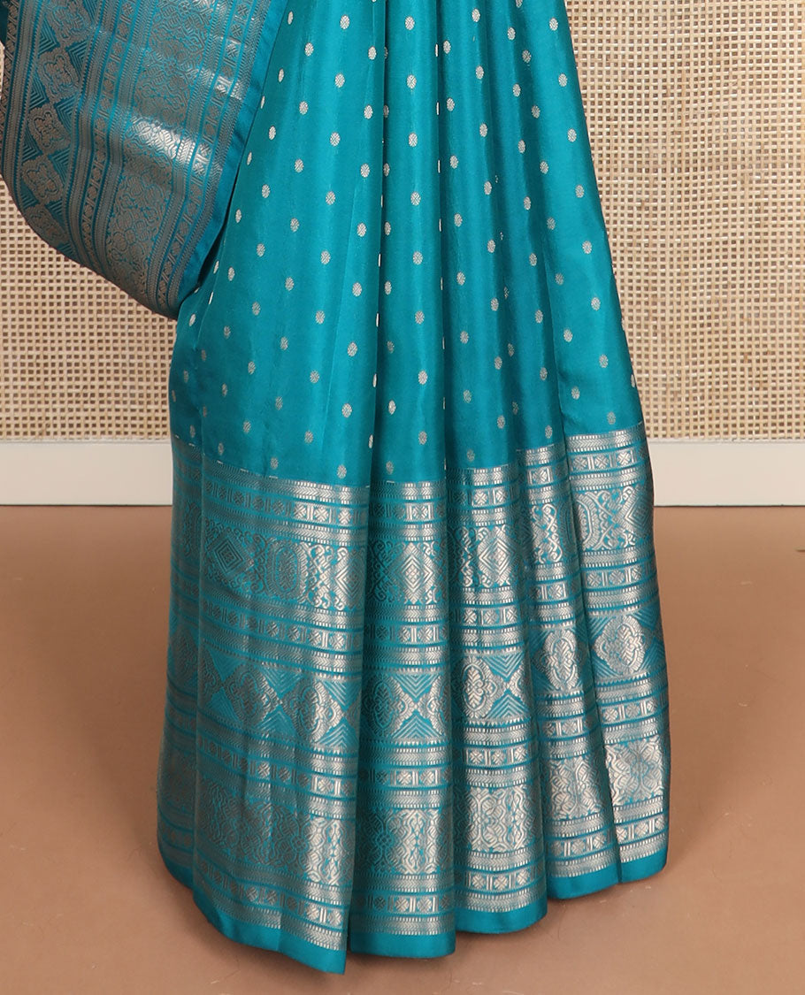 Blue zari buttas vasundhara silk mix saree, intricate pallu & border of muthu,kathir,rudraksham, diamond,4-petal flower & floral designs