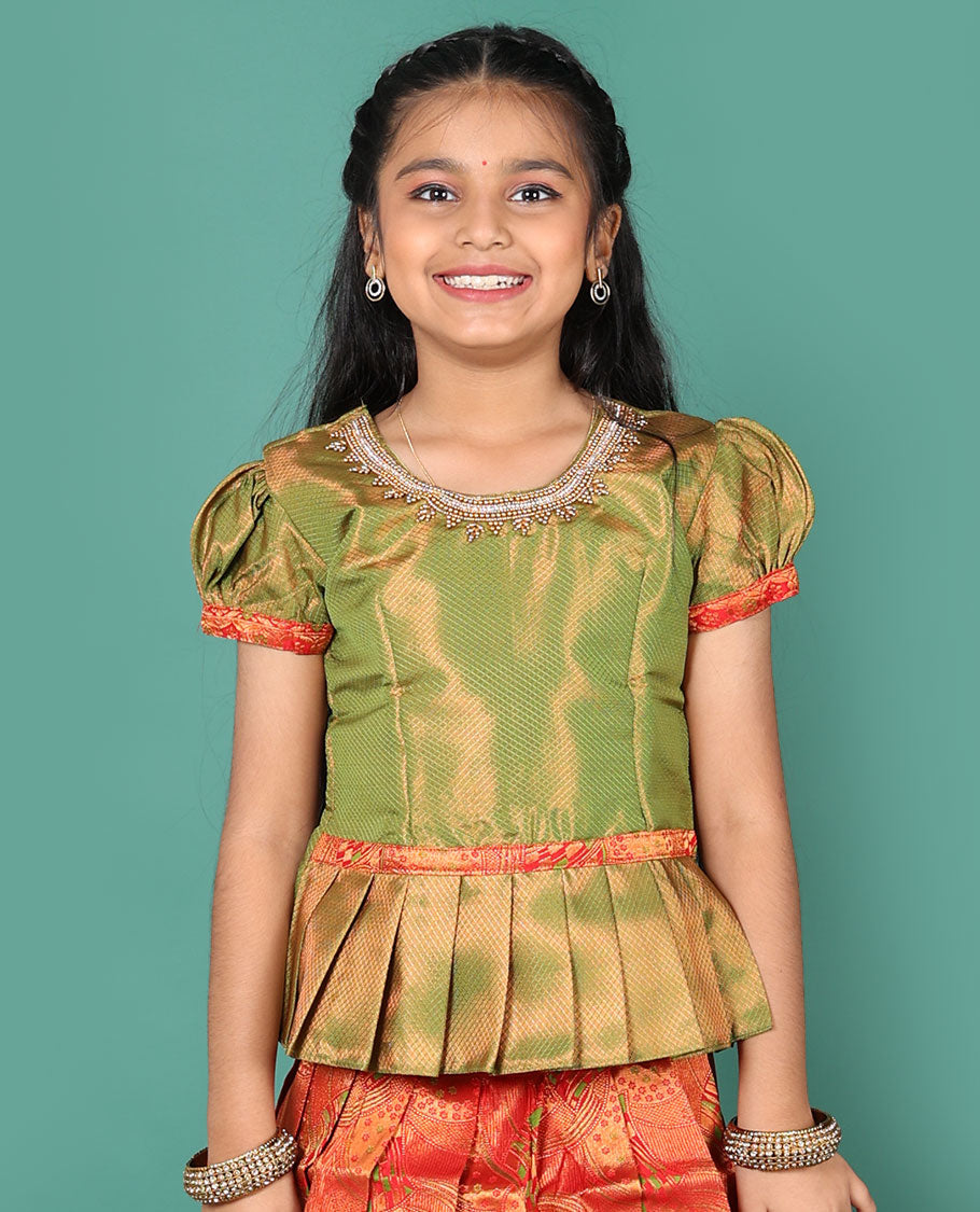 Red readymade art silk pavadai, jacquard & contrast zari border skirt & contrast jacquard round neck embroidered puff-sleeve blouse