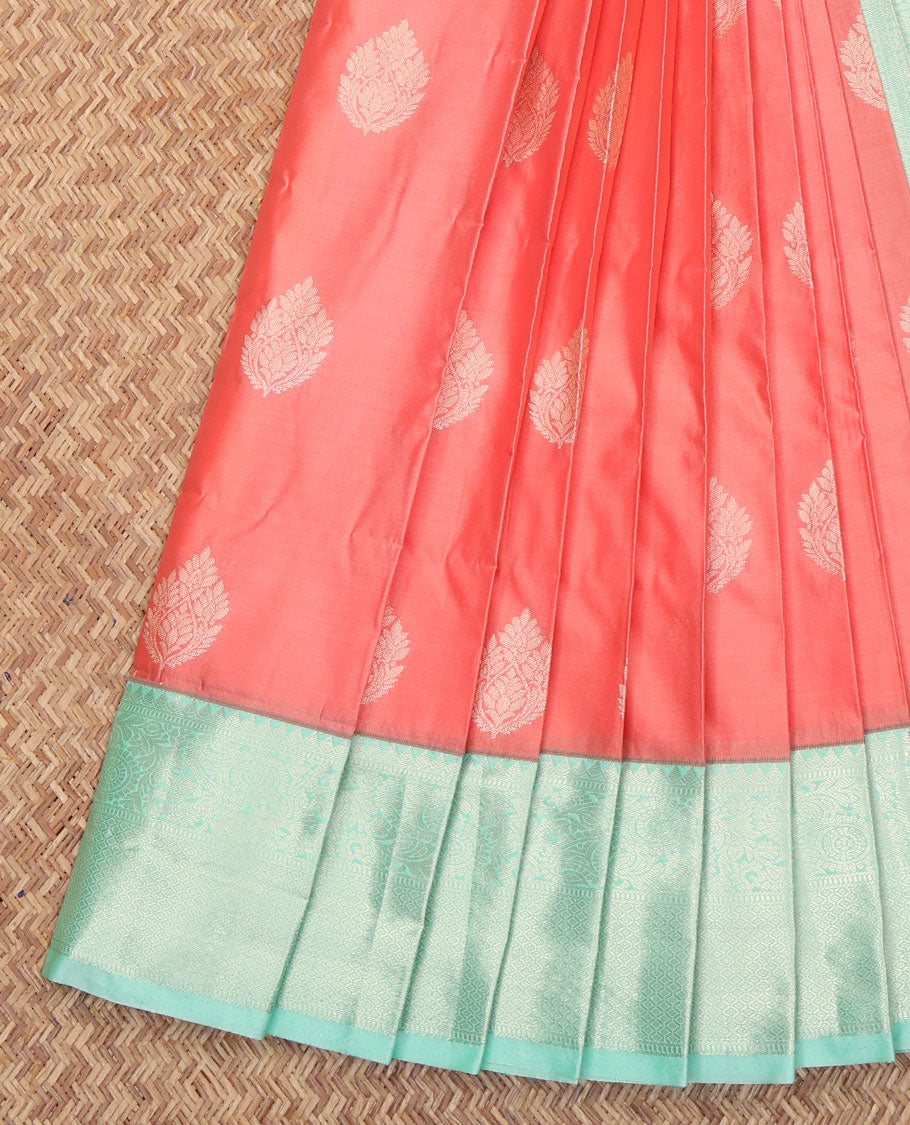 Peach Budget Silk Saree, Masterfully Woven with Zari Buttas All Over Its Body, Complemented by a Contrast Traditional Zari Design Border, Ogee Patterned Pallu, and Paired with a Contrast Blouse