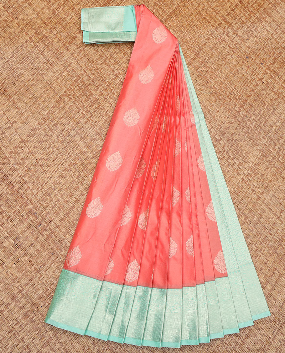 Peach Budget Silk Saree, Masterfully Woven with Zari Buttas All Over Its Body, Complemented by a Contrast Traditional Zari Design Border, Ogee Patterned Pallu, and Paired with a Contrast Blouse