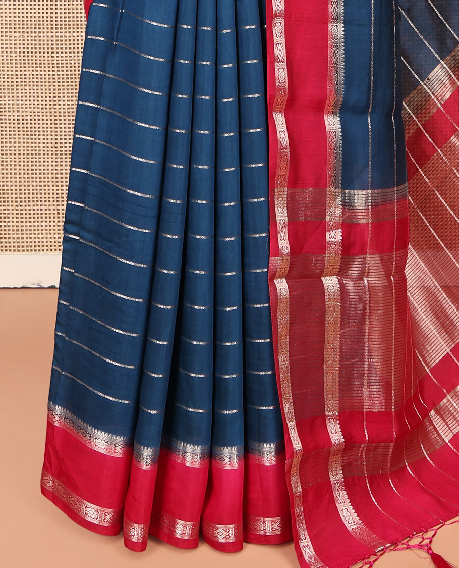 Blue Zari Striped Assam Silk Saree, Complemented by a Contrast Traditional Zari-Woven Border, Zari-Striped Pallu, and a Contrast Blouse