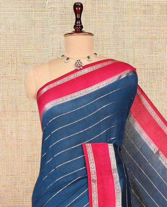 Blue Zari Striped Assam Silk Saree, Complemented by a Contrast Traditional Zari-Woven Border, Zari-Striped Pallu, and a Contrast Blouse