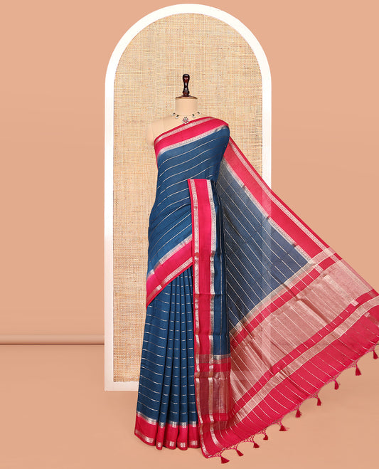 Blue Zari Striped Assam Silk Saree, Complemented by a Contrast Traditional Zari-Woven Border, Zari-Striped Pallu, and a Contrast Blouse