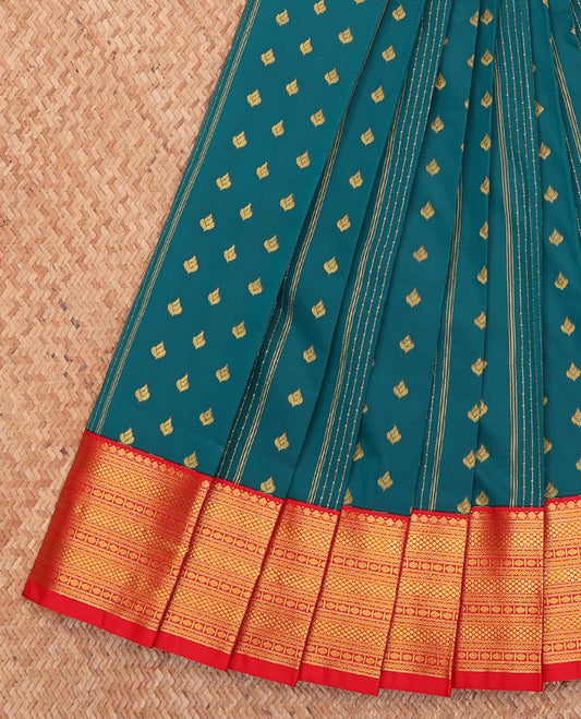 Green Budget Silk Saree, Detailed with Zari Buttas and Stripes, Complemented by a Contrast Traditional Border, Geometric Pallu, and a Contrast Blouse