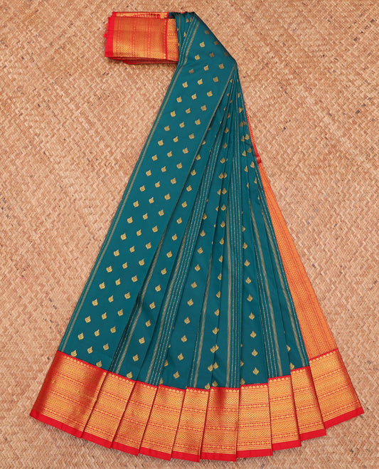 Green Budget Silk Saree, Detailed with Zari Buttas and Stripes, Complemented by a Contrast Traditional Border, Geometric Pallu, and a Contrast Blouse