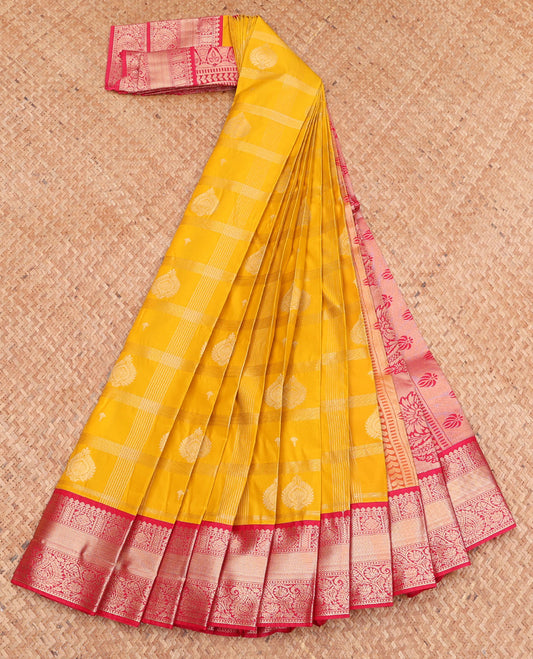 Yellow Budget Silk Saree, Sparsely Threaded with Zari Butta Enclosed Checks, Complemented by a Contrast Traditional Zari Border, Grand Pallu, and Contrast Blouse