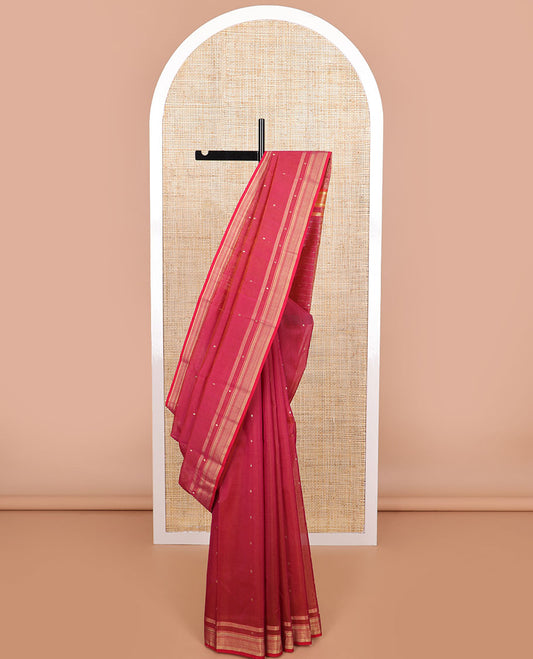 Red floral design chanderi cotton saree with self zari border & striped, floral design pallu