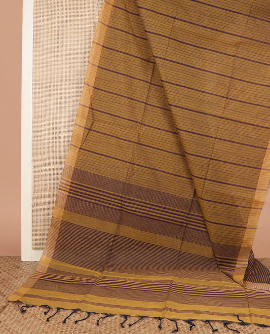 Mustard striped jute cotton saree, striped border, and striped pallu