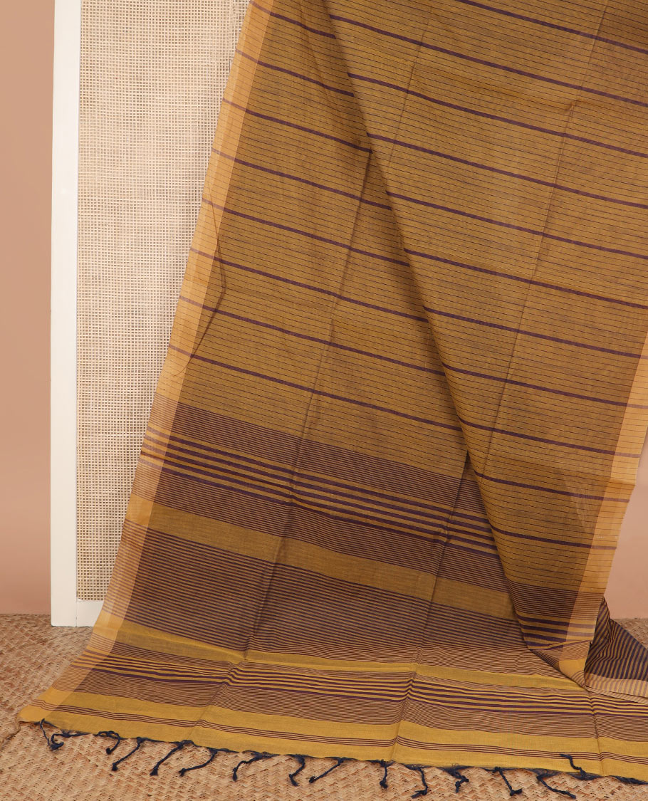 Mustard striped jute cotton saree, striped border, and striped pallu