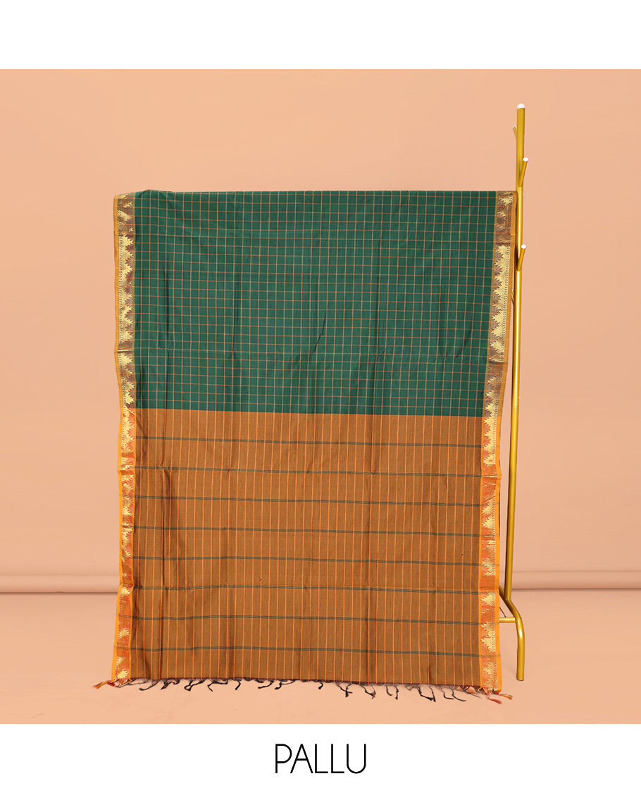 Green Checked Poly Cotton Saree, Complemented by Contrast Traditional Zari Temple Border, Pallu of Stripes, and Paired with a Contrast Blouse