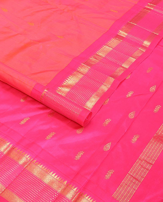 Pink floral buttas kancheepuram silk saree with contrast border of intricate zari design border & striped, floral buttas pallu