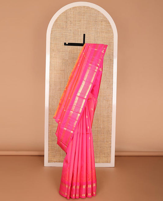 Pink floral buttas kancheepuram silk saree with contrast border of intricate zari design border & striped, floral buttas pallu
