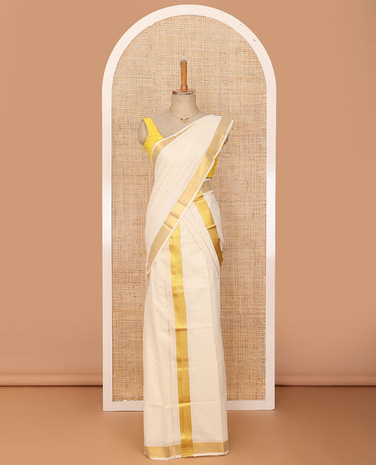 Cream base gold zari micro-checked Kerala mundu set, zari bavanji border