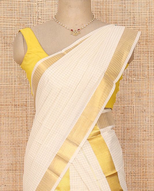 Cream base gold zari micro-checked Kerala mundu set, zari bavanji border