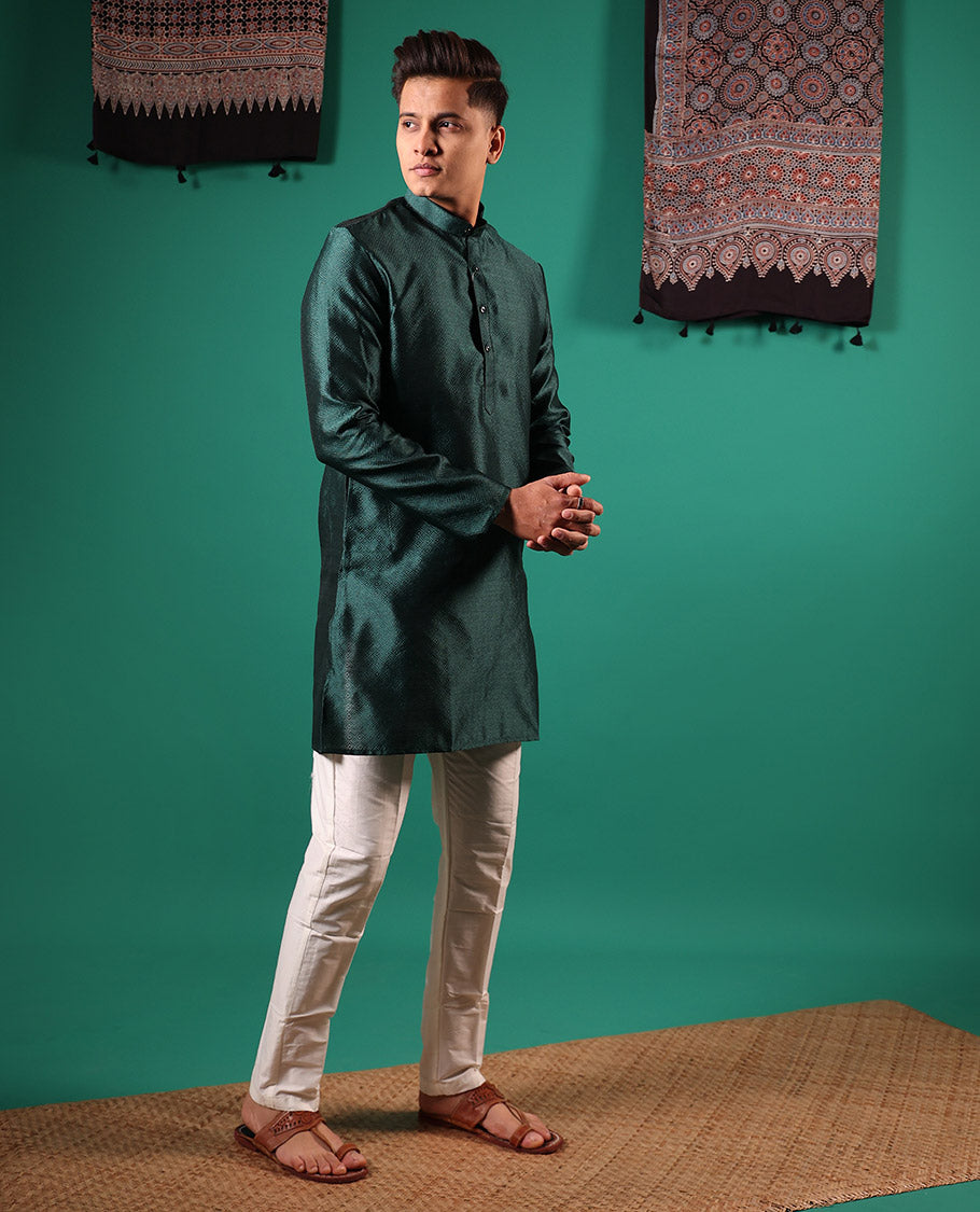 Deep green peacock eye style diamond patterns embossed full-sleeved men's kurta