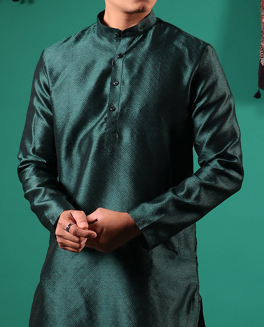 Deep green peacock eye style diamond patterns embossed full-sleeved men's kurta
