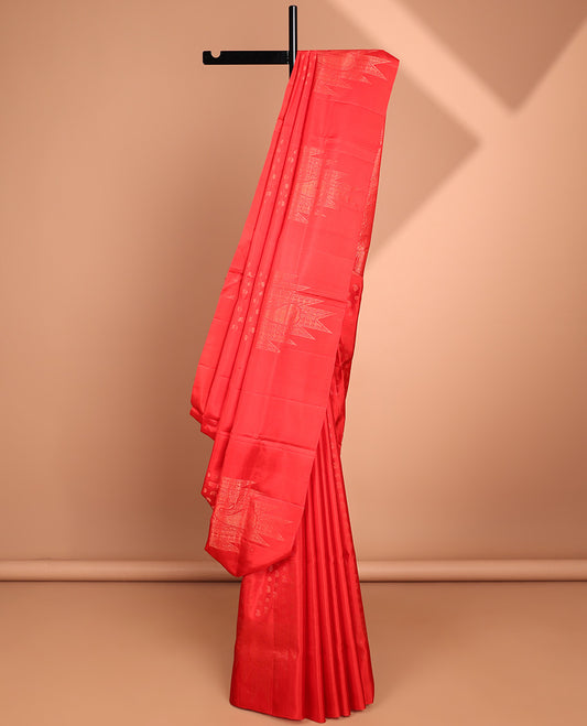 Red small buttas soft silk saree with self temple border & floral zari design pallu