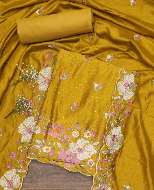 Yellow material chudidar set, floral theme thread and stone embroidered top, plain bottom and scallop floral embroidered dupatta