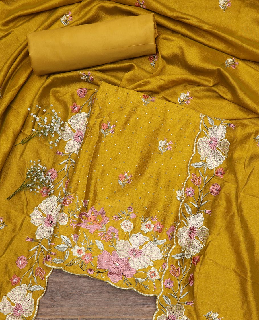 Yellow material chudidar set, floral theme thread and stone embroidered top, plain bottom and scallop floral embroidered dupatta