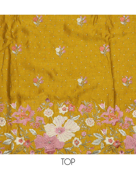 Yellow material chudidar set, floral theme thread and stone embroidered top, plain bottom and scallop floral embroidered dupatta