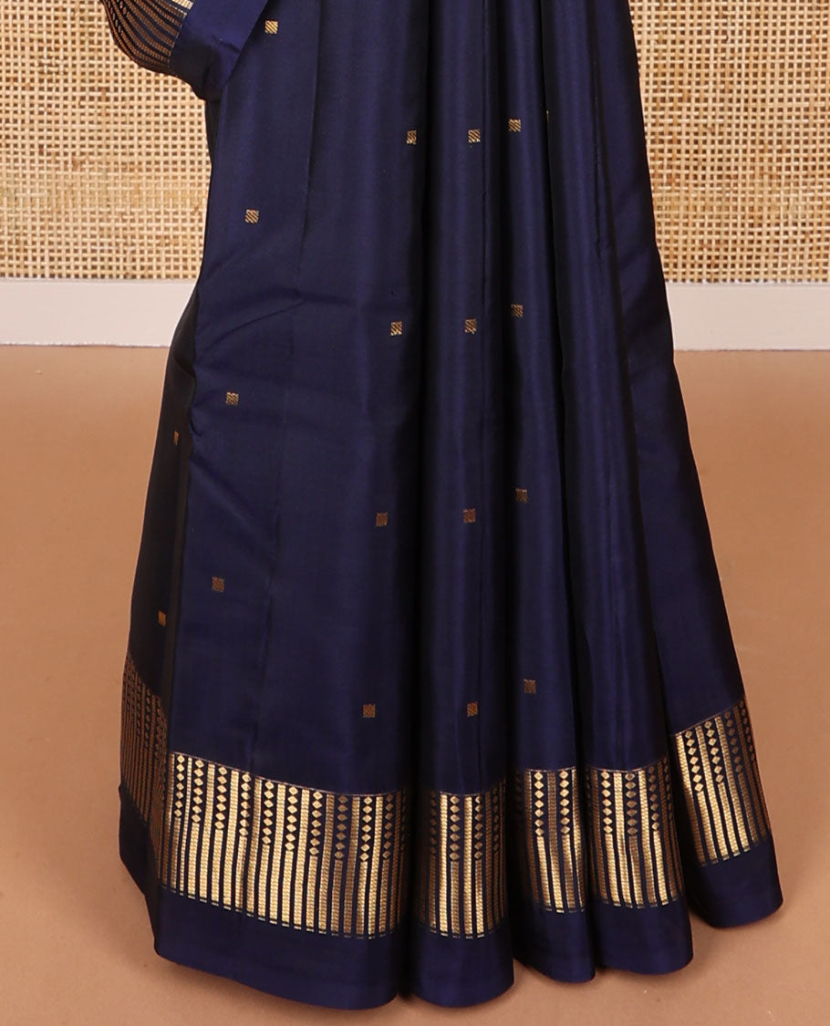Dark blue square buttas vasundhara elite silk saree with self striped border & pallu of stripes