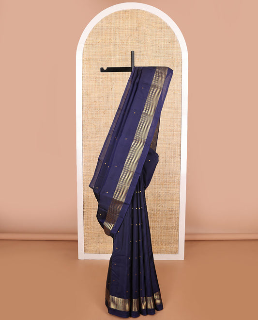 Dark blue square buttas vasundhara elite silk saree with self striped border & pallu of stripes