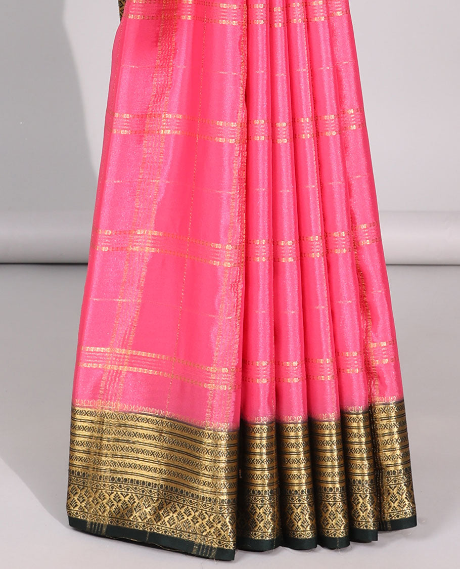 Pink zari striped design mysore silk saree with contrast zari border & striped zari pallu