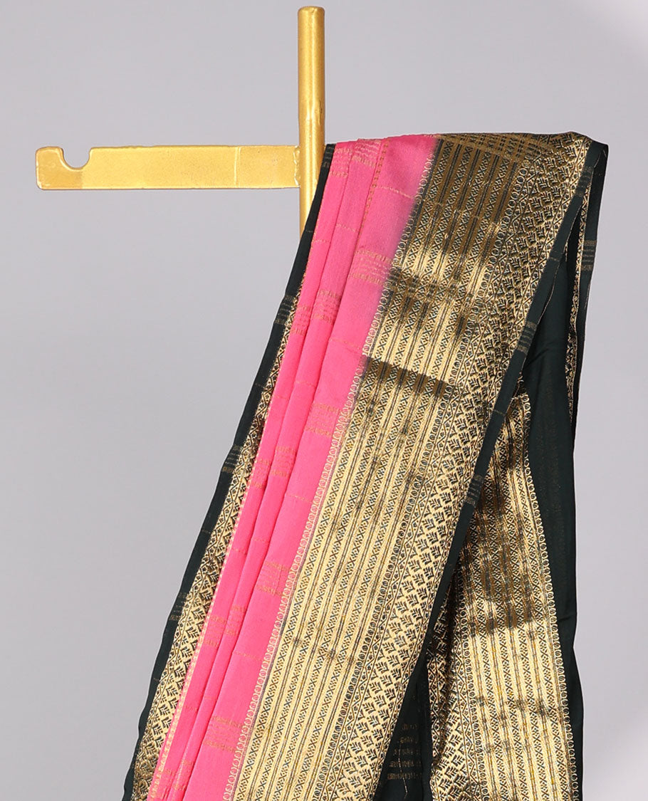 Pink zari striped design mysore silk saree with contrast zari border & striped zari pallu