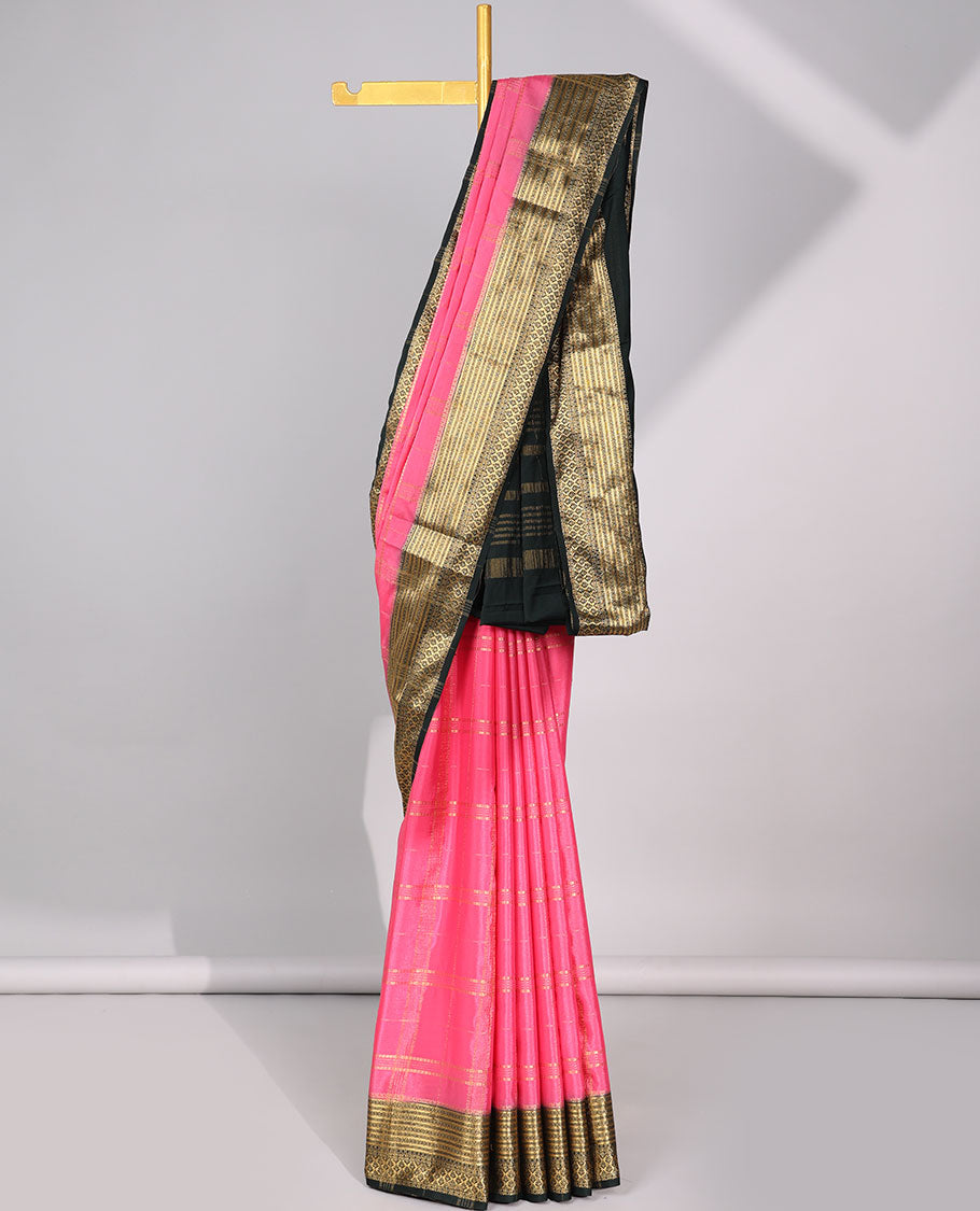 Pink zari striped design mysore silk saree with contrast zari border & striped zari pallu
