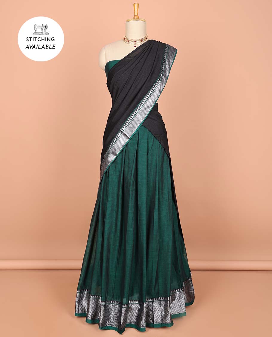 Green cotton half saree with contrast zari border, plain blouse & plain with zari border dhavani