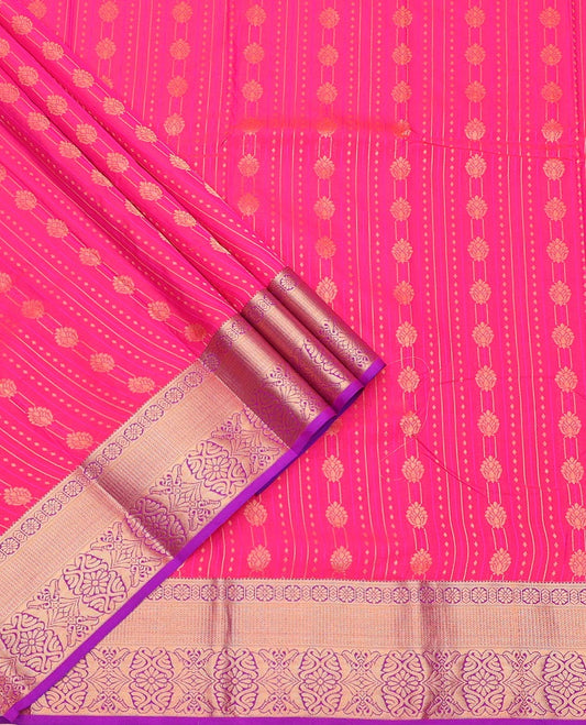 Pink Art Silk Pavadai Material Set, Beautifully Bedecked with Zari Designs on Its Skirt, Complemented by a Contrast Traditional Zari Design Border, and Paired with a Contrast Blouse