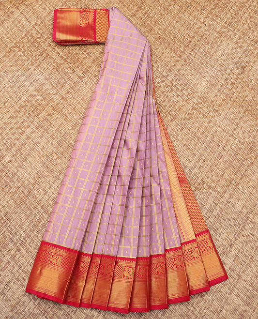 Pink Budget Silk Saree, Accentuated with Zari Butta Enclosed Checks, Complemented by a Contrast Traditional Border, Grand Pallu, and a Contrast Blouse