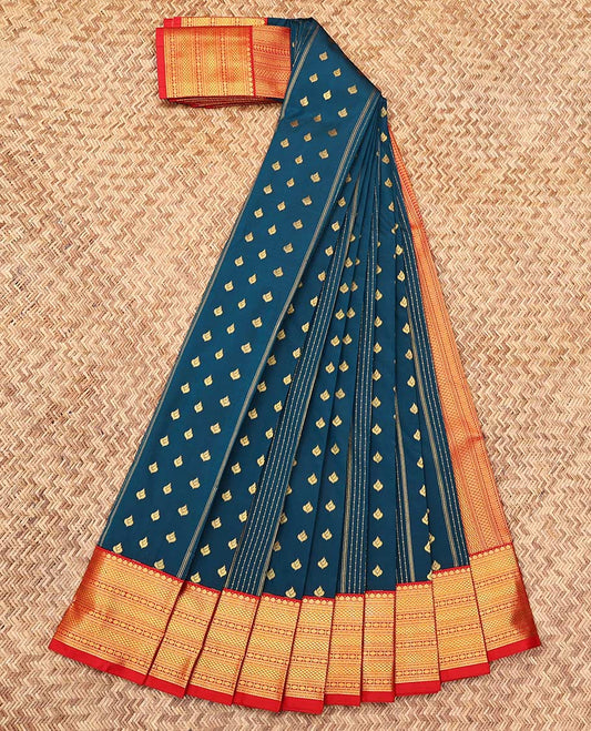 Blue Budget Silk Saree, Adorned with Zari Buttas, Complemented by a Contrast Traditional Zari Border, Geometric Pallu, and a Contrast Blouse