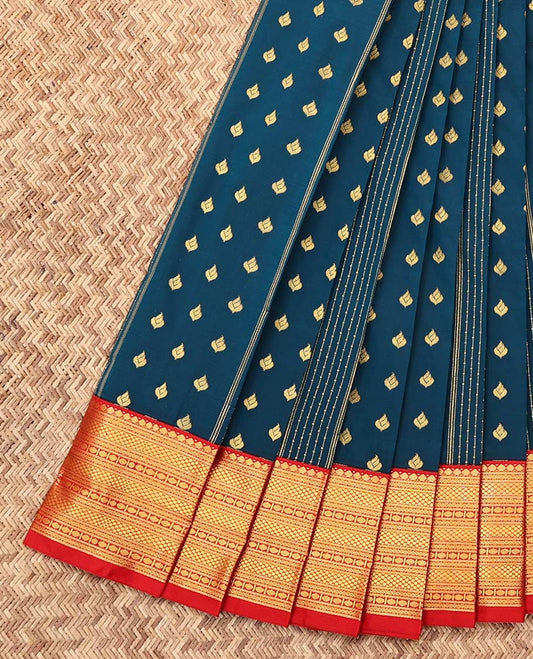 Blue Budget Silk Saree, Adorned with Zari Buttas, Complemented by a Contrast Traditional Zari Border, Geometric Pallu, and a Contrast Blouse
