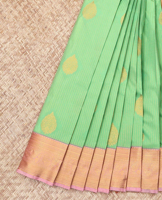 Green Budget Silk Saree, Subtly Sparkled with Zari Buttas and Stripes, Contrast Traditional Zari Border, Grand Pallu, and a Contrast Blouse
