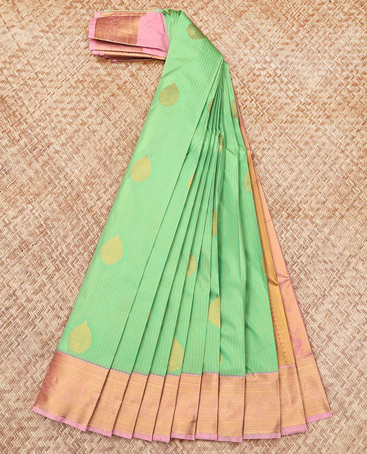 Green Budget Silk Saree, Subtly Sparkled with Zari Buttas and Stripes, Contrast Traditional Zari Border, Grand Pallu, and a Contrast Blouse