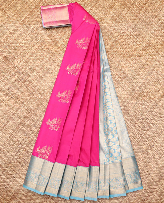 Rani Pink Budget Silk Saree, Detailed with Zari Buttas, Complemented by a Contrast Traditional Zari Border, Intricate Pallu, and a Contrast Blouse