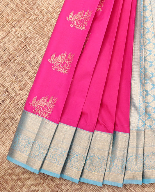 Rani Pink Budget Silk Saree, Detailed with Zari Buttas, Complemented by a Contrast Traditional Zari Border, Intricate Pallu, and a Contrast Blouse