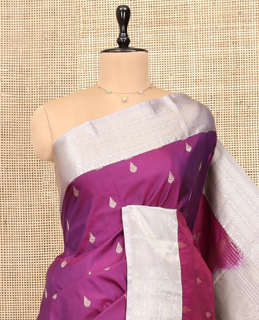 Purple Budget Silk Saree, Embellished with Zari Buttas, Complemented by Contrast Traditional Zari Border, Pallu of Jaal and Paisleys, and Contrast Blouse