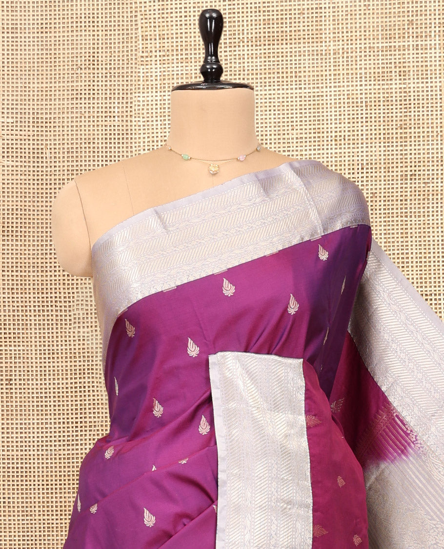 Purple Budget Silk Saree, Embellished with Zari Buttas, Complemented by Contrast Traditional Zari Border, Pallu of Jaal and Paisleys, and Contrast Blouse