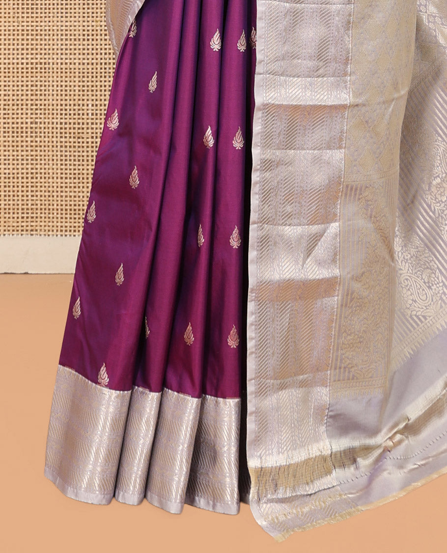 Purple Budget Silk Saree, Embellished with Zari Buttas, Complemented by Contrast Traditional Zari Border, Pallu of Jaal and Paisleys, and Contrast Blouse
