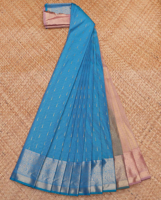 Blue Budget Silk Saree, Steeped with Zari Buttas and Stripes All Over Its Body, Highlighted by Traditional Zari Designs Woven Border, Contrast Grand Pallu and Paired with a Contrast Blouse
