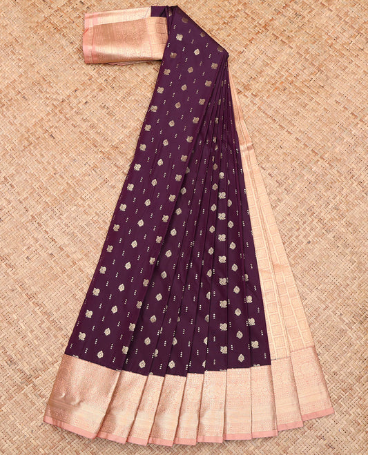 Purple Budget Silk Saree, Detailed with Zari Buttas All Over Its Body, Complemented by a Contrast Traditional Zari Designs Woven Border, Pallu of Checked Designs, and Paired with a Contrast Blouse