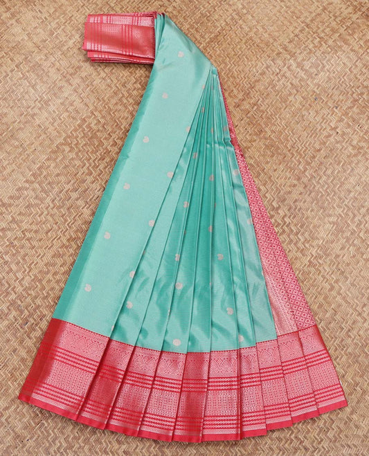 Blue Budget Silk Saree, Subtly Sparkled with Stripes and Buttas on Its Body, Complemented by a Contrast Traditional Zari Design Border, Grand Jaal-Patterned Pallu, and Paired with a Contrast Blouse