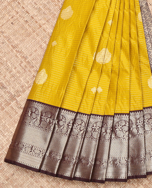 Yellow Budget Silk Saree, Subtly Sparkled with Zari Buttas and Stripes on Its Body, Complemented by a Contrast Traditional Zari Border, Intricately Designed Pallu, and Paired with a Contrast Blouse